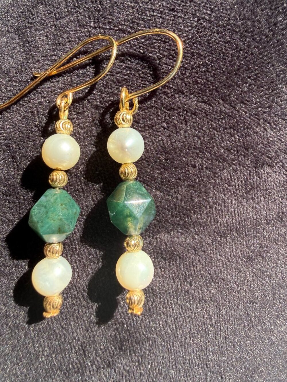 Gold Plated Dangle Earrings with Green Agate  Beads and  Smooth White Beads